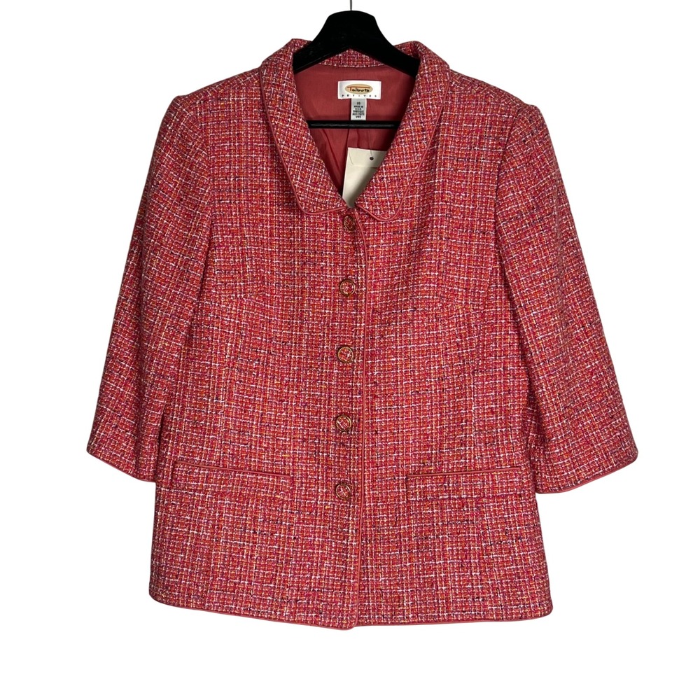 Talbots Petites Pink Tweed Blazer Jacket 10P 3/4 Sleeve Button Front Made in USA
